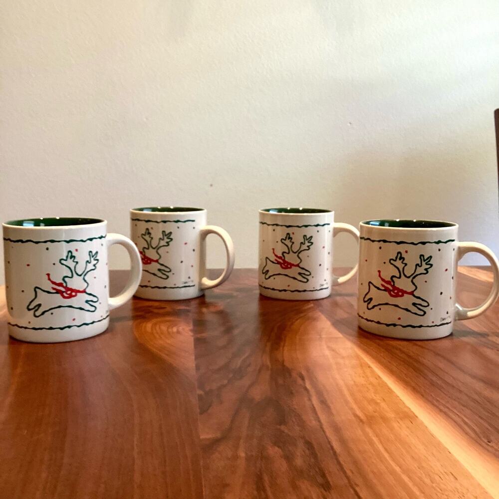 Vintage Set of Reindeer Christmas Mugs